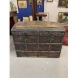 19th cent. Domed top travelling trunk with metalwork strapping.