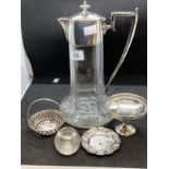 Late 19th cent. Silver plated claret jug by Robert Pringle & Sons, a small silver tazza, small