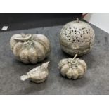 White Metal: Two melon shaped boxes, one round as a pomander, plus a bird and a measure, all stamped