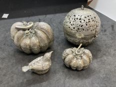 White Metal: Two melon shaped boxes, one round as a pomander, plus a bird and a measure, all stamped