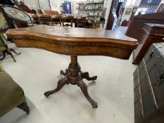 19th cent. Burr walnut card table scalloped edge on carved pedestal support with quatrefoil acanthus
