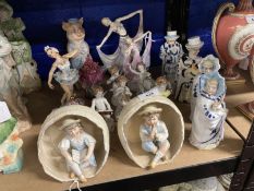 Ceramics: Continental porcelain nodding head figures x 4, porcelain cherubs playing musical