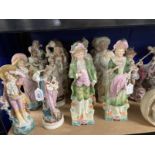 Ceramics: Continental bisque figures, all couples, eight pairs. Tallest 12ins. Smallest 9ins. A/F (