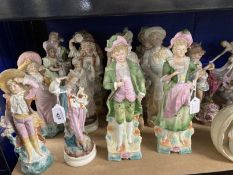 Ceramics: Continental bisque figures, all couples, eight pairs. Tallest 12ins. Smallest 9ins. A/F (