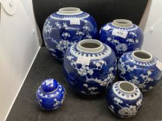 Chinese: Blue and white ginger jars, one with four character mark to base, the others with double