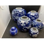 Chinese: Blue and white ginger jars, one with four character mark to base, the others with double