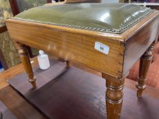 19th cent. Mahogany stool with leather top on turned legs, converted from a bidet. 18ins. x 24ins. x