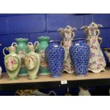 Ceramics: English blue and white vases decorated with flowers, a pair. 10½ins. Pottery vases