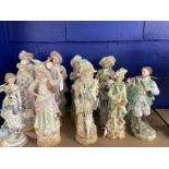 Ceramics: Continental bisque figures, all couples, four pairs, tallest 15½ins. Plus single