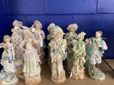 Ceramics: Continental bisque figures, all couples, four pairs, tallest 15½ins. Plus single