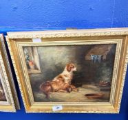 Circle of George Armfield, Terriers by a Fox Den, Spaniels by the Fire, both oil on board, framed.