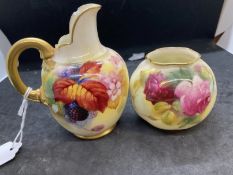 20th cent. Ceramics: Royal Worcester blush cream jug decorated with blackberries, signed K. Blake,