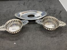 Hallmarked Silver: tea strainers x 2, plus an inkwell stand hallmarked London. Total weight 3.75oz.