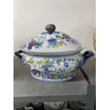 19th cent. Ceramics: Dresden opaque china tureen flora and birds of paradise decoration. Repair to