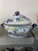 19th cent. Ceramics: Dresden opaque china tureen flora and birds of paradise decoration. Repair to