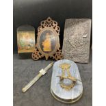 Collectables: Mixed lot to include lacquer bookmark, Sorento panel, marble and ormolu flower holder,