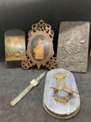 Collectables: Mixed lot to include lacquer bookmark, Sorento panel, marble and ormolu flower holder,