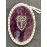 Jewellery: Gilt and enamelled oval buckle, purple with a white border and a lover's heart at the