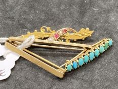 Hallmarked Jewellery: Four 9ct gold bar brooches one plain, one set with turquoise (9), one set with