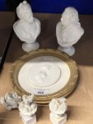 Late 19th cent. Parian busts of Louis XVI and Marie Antoinette, porcelain plaque in a modern