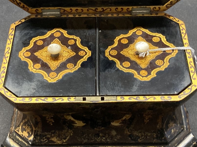 19th cent. Jennings & Betteridge chinoiserie bomb shaped tea caddy, papier mache black lacquer and - Image 5 of 7