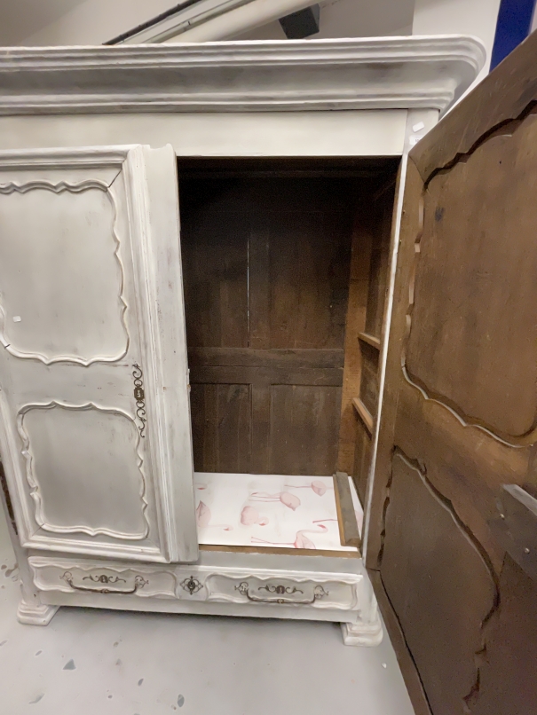 19th cent. Northern European whitewashed mahogany double wardrobe with drawer, steel hinges and - Image 2 of 2