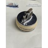 CUNARD: R.M.S. Queen Mary Art Deco Rolstar table lighter plus several blank sheets of Queen Mary