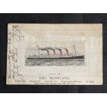 R.M.S. MAURETANIA: Unusual on board silk postcard, postally used Queenstown 1908.