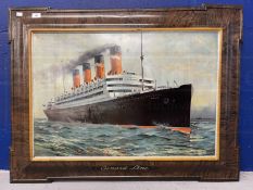 TRAVEL AGENT'S PRESSED TIN PRINTED SIGN, THE CUNARD LINE, CIRCA 1920 depicting Aquitania under