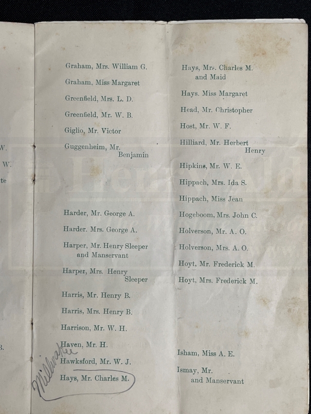 R.M.S. TITANIC: Extremely rare First-Class passenger list that survived the sinking in the pocket of - Image 3 of 4