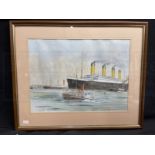 R.M.S. TITANIC: 20th Century English School S.S. Titanic 'Last Landfall Queenstown 1912' watercolour