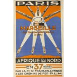 TRAVEL POSTERS: 1930s Vintage French Ocean liner Poster, Paris Marseille Afrique du Nord, Cie Gle