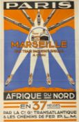 TRAVEL POSTERS: 1930s Vintage French Ocean liner Poster, Paris Marseille Afrique du Nord, Cie Gle