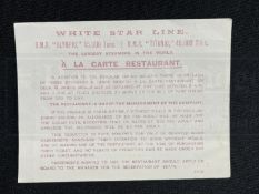 R.M.S. TITANIC: Rare A La Carte Restaurant flyer from a promotional brochure, owned by Second-