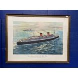 POSTERS: Cunard Line promotional travel poster Queen Mary and Queen Elizabeth by C. G. Evers, framed