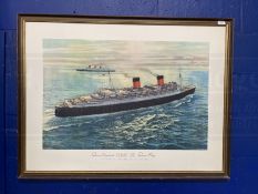 POSTERS: Cunard Line promotional travel poster Queen Mary and Queen Elizabeth by C. G. Evers, framed