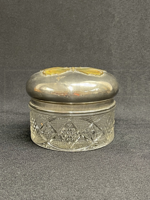 WHITE STAR LINE: R.M.S. Doric souvenir silver plated and cut glass powder pot with butterfly