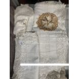 Textiles: Lace dining table or bed covers, cream leaf design, cream example hand made fine border,