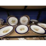 19th cent. Porcelain dessert service comports x 5, plates x 13, all with gilded edges and hand