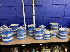 Ceramics: Banded T.G. Green canisters and kitchen ware including Sugar (green stamp), Granulated