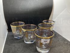 Glass: Italian tumblers decorated with scrolls and flowers in real gold. Made in Italy label and