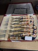 Royal Crown Derby Imari pattern fruit forks with porcelain handles, cased set of six, and a butter