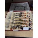 Royal Crown Derby Imari pattern fruit forks with porcelain handles, cased set of six, and a butter