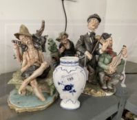 20th cent. Capodimonte figure groups, a tramp on a bench, two musicians and an angler at rest,