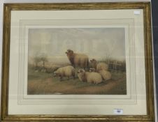 Thomas Sydney Cooper R.A. (1803-1902): Watercolour sheep resting with figure in the field beyond,