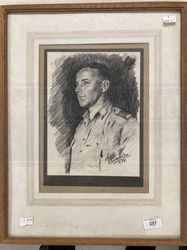 Pencil portrait, WWII R.A.F Officer, signed monogram A.W.B. Jerusalem 44, framed and glazed. 7½