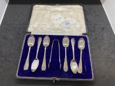 Hallmarked Silver: Set of six coffee spoons and sugar nips, cased. Total weight 2.7oz.