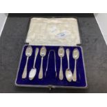 Hallmarked Silver: Set of six coffee spoons and sugar nips, cased. Total weight 2.7oz.