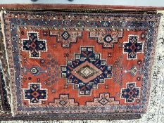 Carpets & Rugs: 19th cent. Persian carpet, red ground, five medallions with geometric designs,