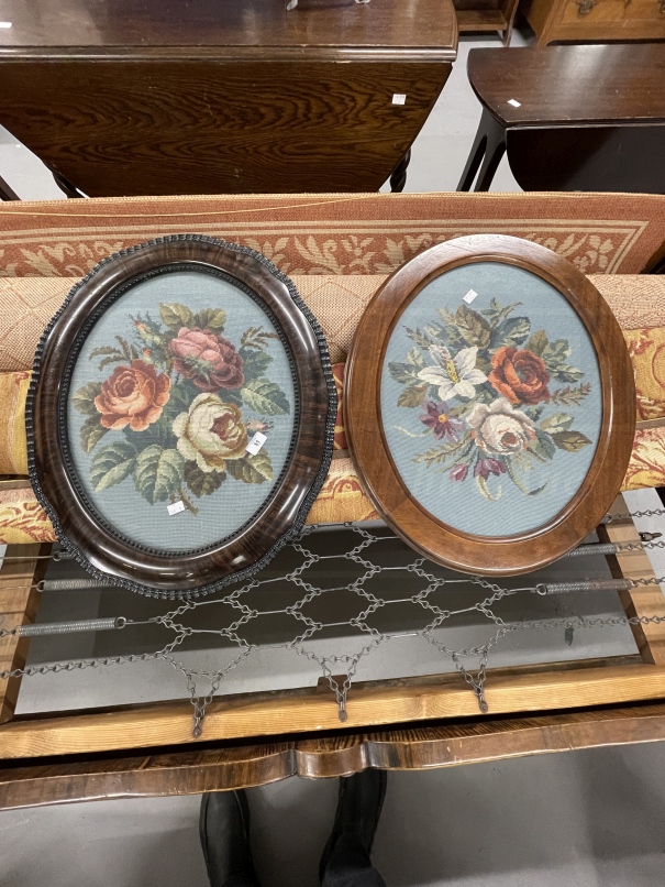 19th cent. Mahogany woolwork pole screen with glazed embroidered panel decorated with foliage and